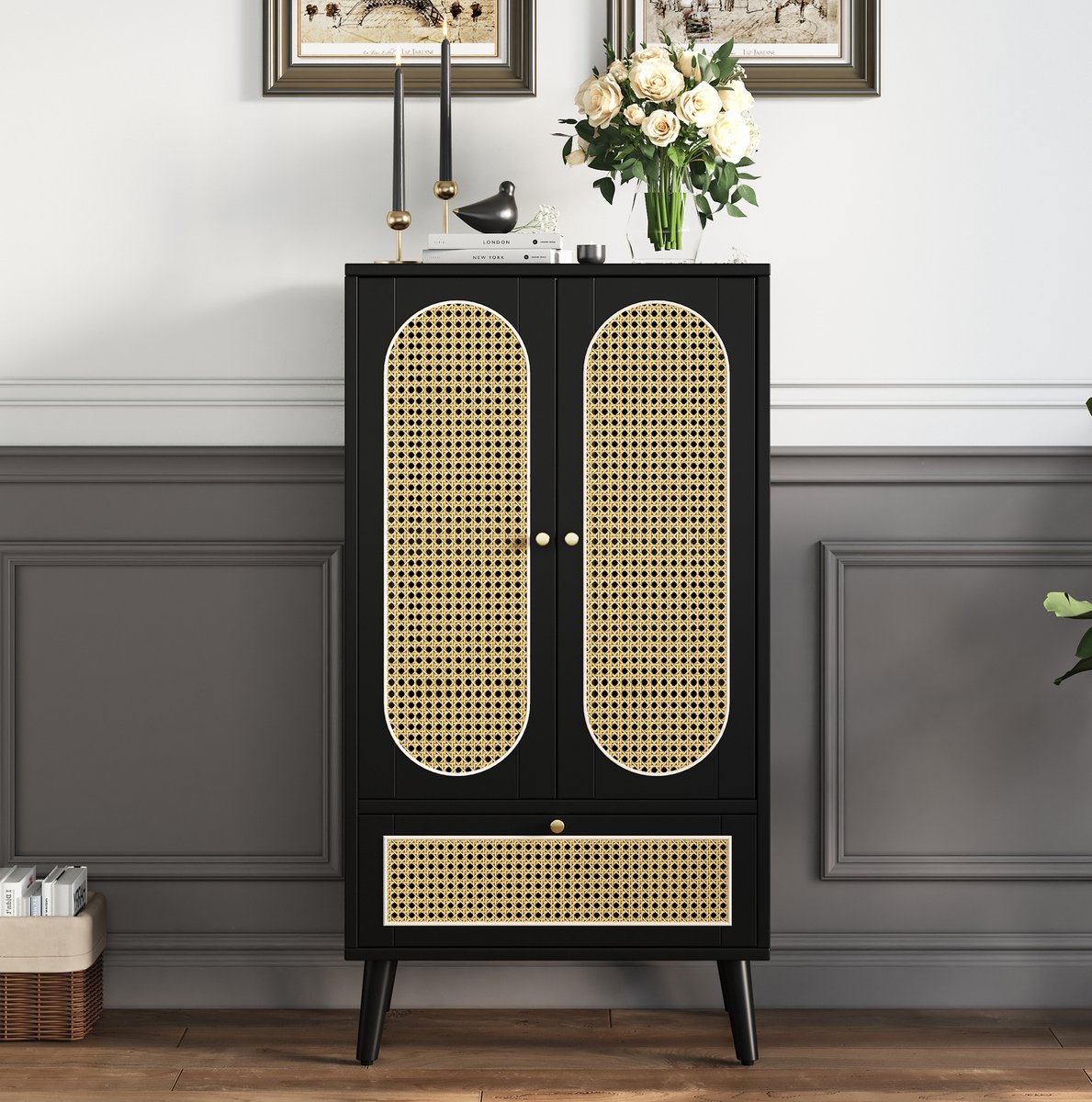 COVREO Dressoir 60 x 40 x 110,5 cm - 2 deuren, 1 lade, rotan design, zwart