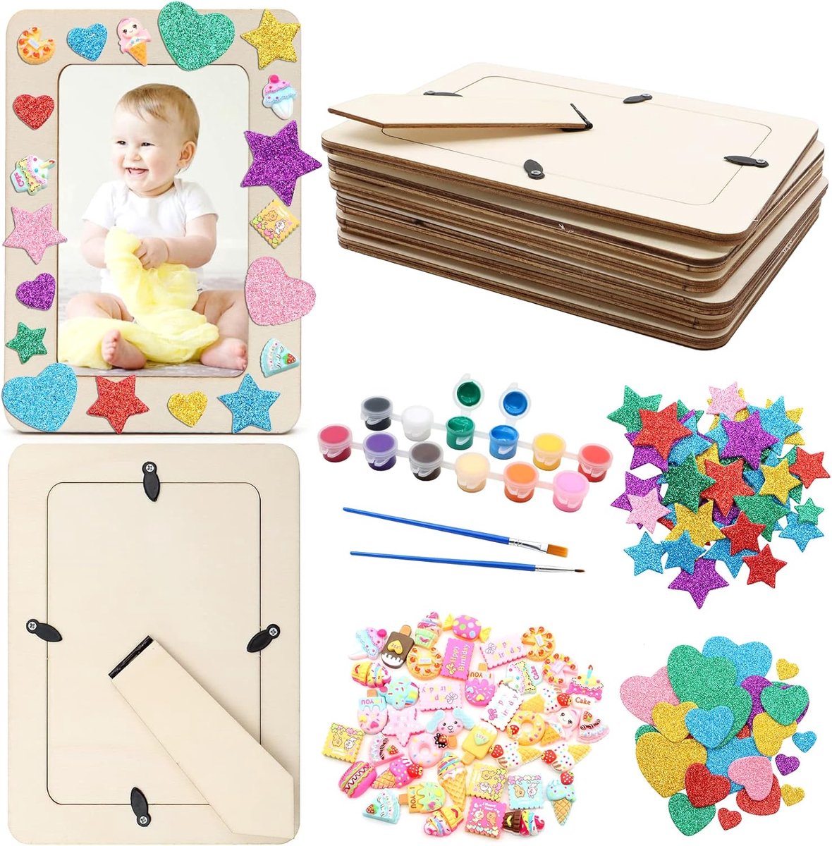 Set De Peinture Cadre Photo DIY – 6 Cadres en Bois, 12 Marqueurs De Couleur, 3 Feuilles D' Autocollants – Kit Créatif Pour Enfants