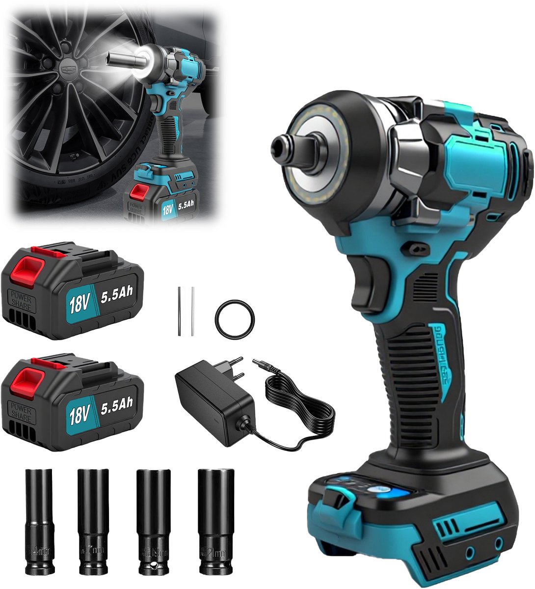 1/2 inch Accu‑slagmoersleutel 18V met 2 stuks 5,5Ah‑accu’s, EU‑oplader en 4 doppen(14/17/19/21 mm), voor autoreparatie en bouwklussen