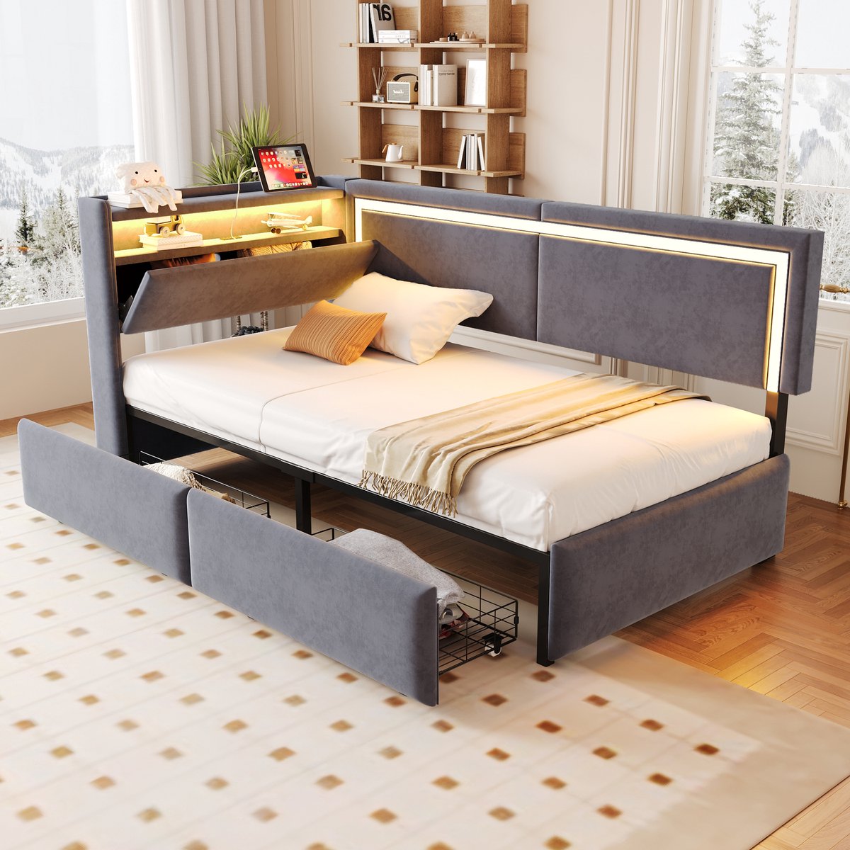 Slaapbank met opbergruimte / Slaapbank 1 persoons / Slaapbank 90x200 – met Lades, LED-Verlichting, USB, Stopcontact, Lattenbodem – Hoofdbord – Fluweel
