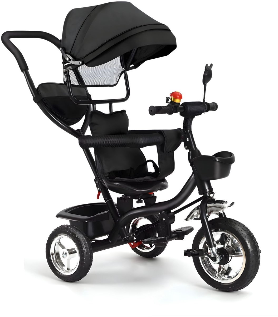 Driewieler Kinderfiets - Verstelbaar met Duwstang en Opbergmand - voor baby's en kinderen 1-5 jaar - Zwart - Grijs
