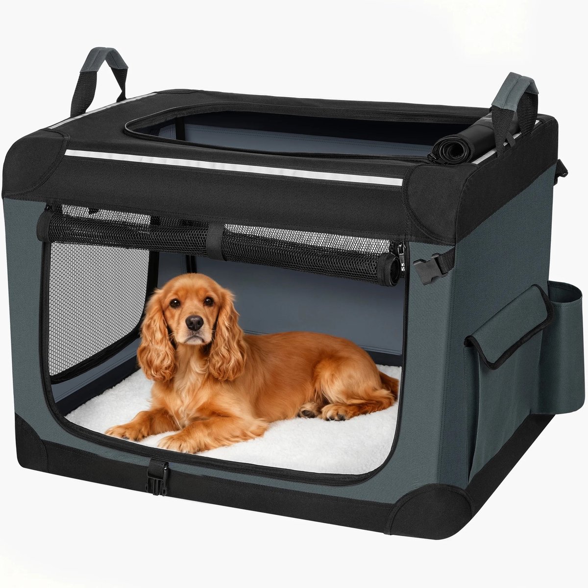 NordHaus Opvouwbare Hondentransportbox - Hondenbench - Draagbare Hondentas - Opvouwbaar met 3 Deuren - Grijs 76,2 x 53,4 x 53,4 cm