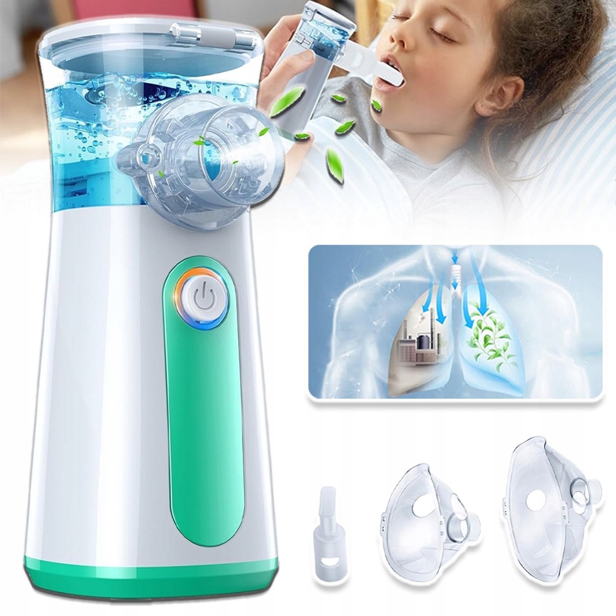 Draagbare Inhalator Met 3 Vernevelingsstanden Zelfreinigende Modus Oplaadbaar - Ultrasoon Gaas 2 Maskers 600 mAh - Voor Volwassenen En Kinderen - Groen En Wit