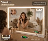 OMNIEXA LED Make-up Spiegel 58×46cm – LED Strip – 3 Lichtkleuren – Dimbaar – USB-C & USB-A – 10× Vergrootspiegel – Wand & Tafel – Wit