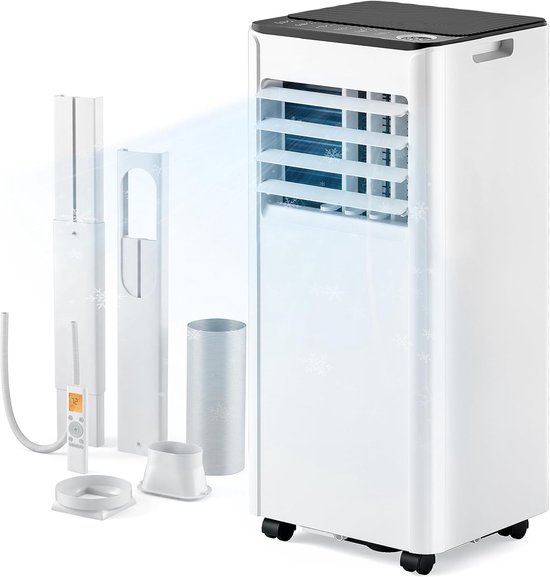 Witte mobiele airco met verwisselbare afvoerslang en montageonderdelen, met sneeuwvlokdecoratie.