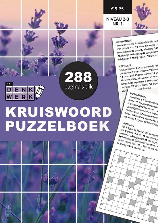 Kruiswoordpuzzelboek met 288 pagina's, niveau 2-3, nr. 1. De kaft is paars en heeft een gedetailleerde tekening van lavendel. Rechtsboven staat de prijs.