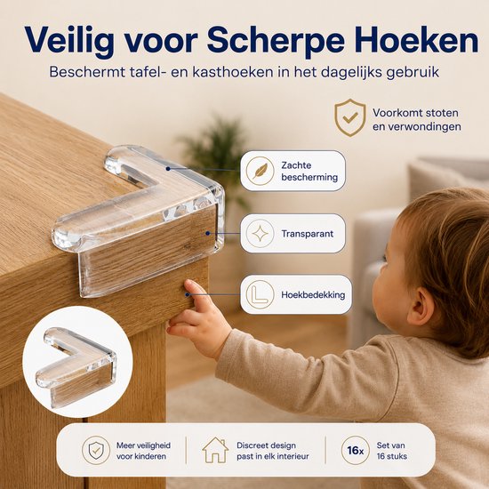 Een kind speelt bij een houten tafel met transparante hoekbeschermers, die de zachte bescherming en het discrete ontwerp benadrukken.