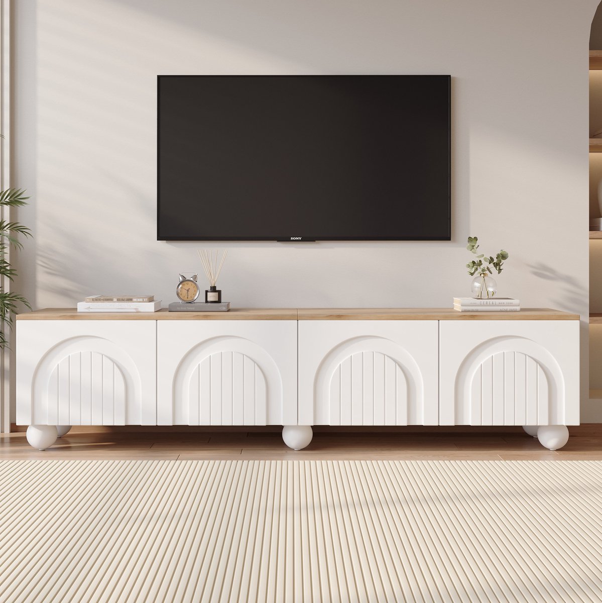COVREO tv meubel 180 x 40 x 45 cm - 4 deuren, wit en houtlook, voor tv tot 80 inch