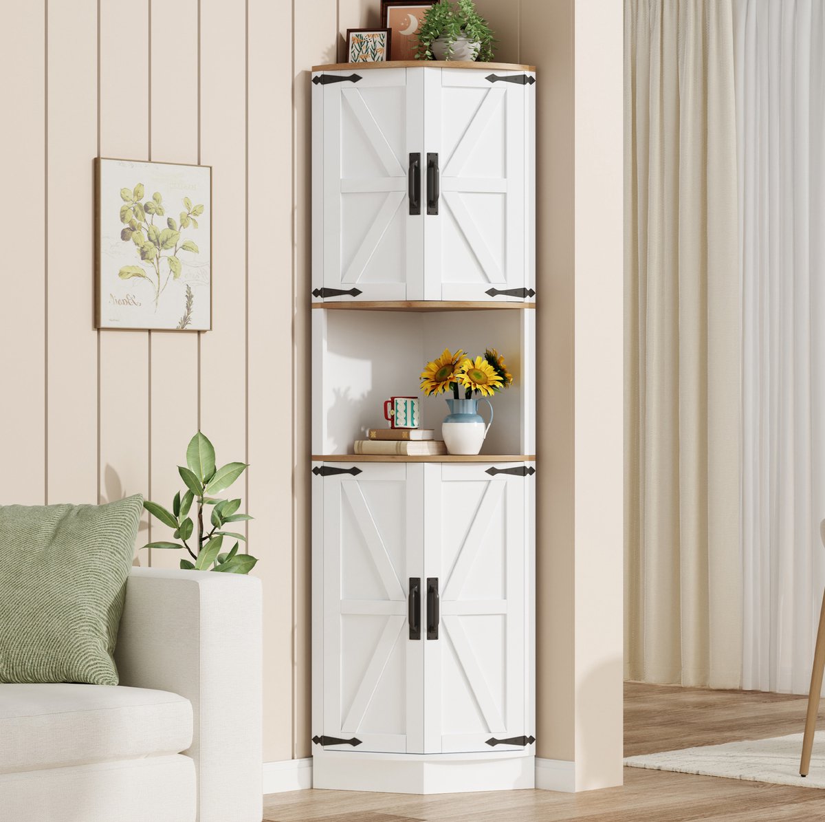 COVREO Hoekkast 39,5 x 39,5 x 180 cm - 5 opbergvakken, wit, vintage stijl