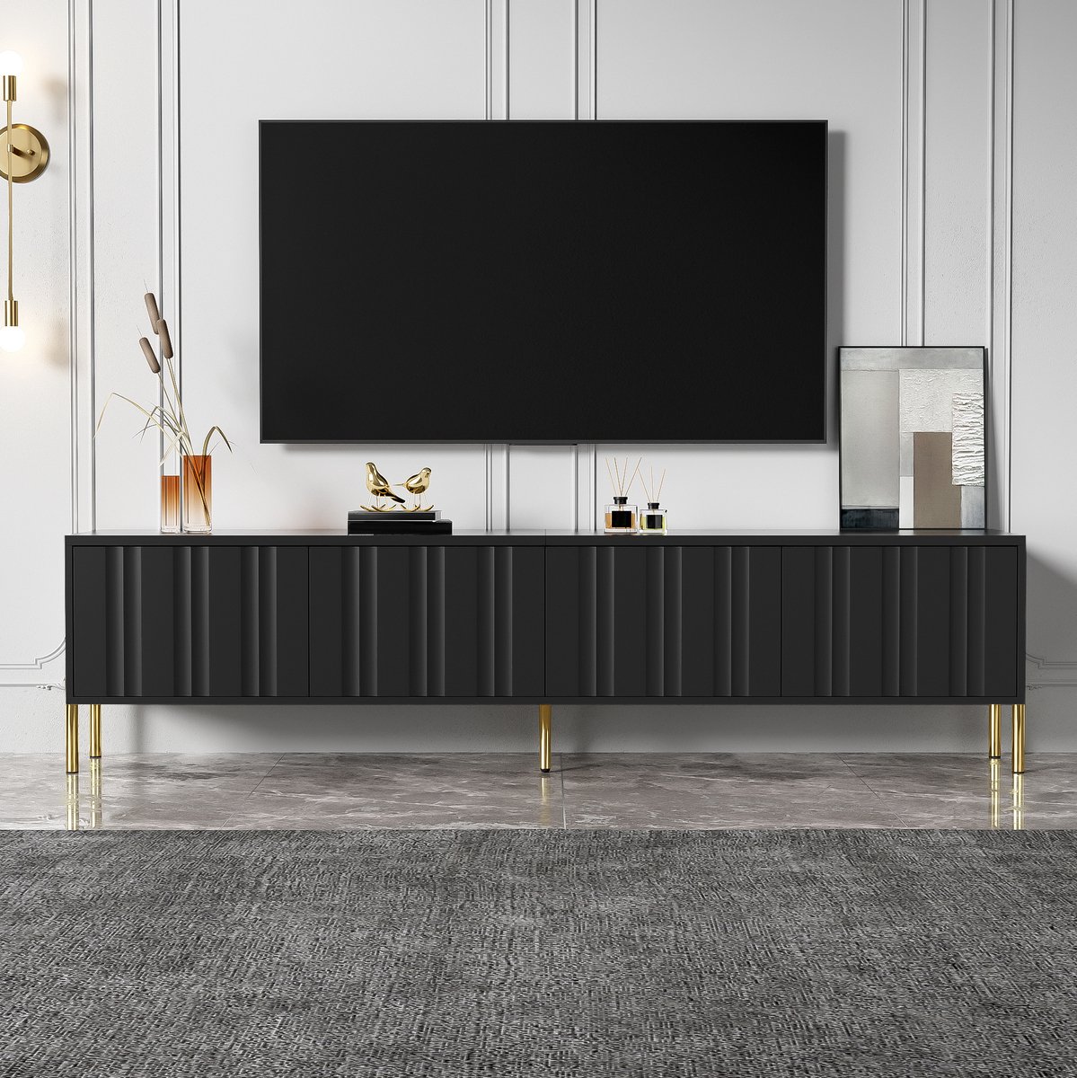 COVREO TV-meubel 190 x 38 x 48 cm - 4 deuren, 8 planken, zwart met gouden poten