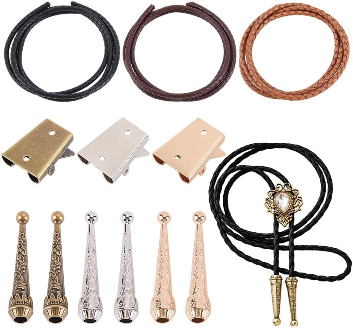 Retro Bolo Tie Maken Kit met 3 Kleuren en 4mm Koeienhuid Lederen Koord voor DIY Creaties en Vervangingen