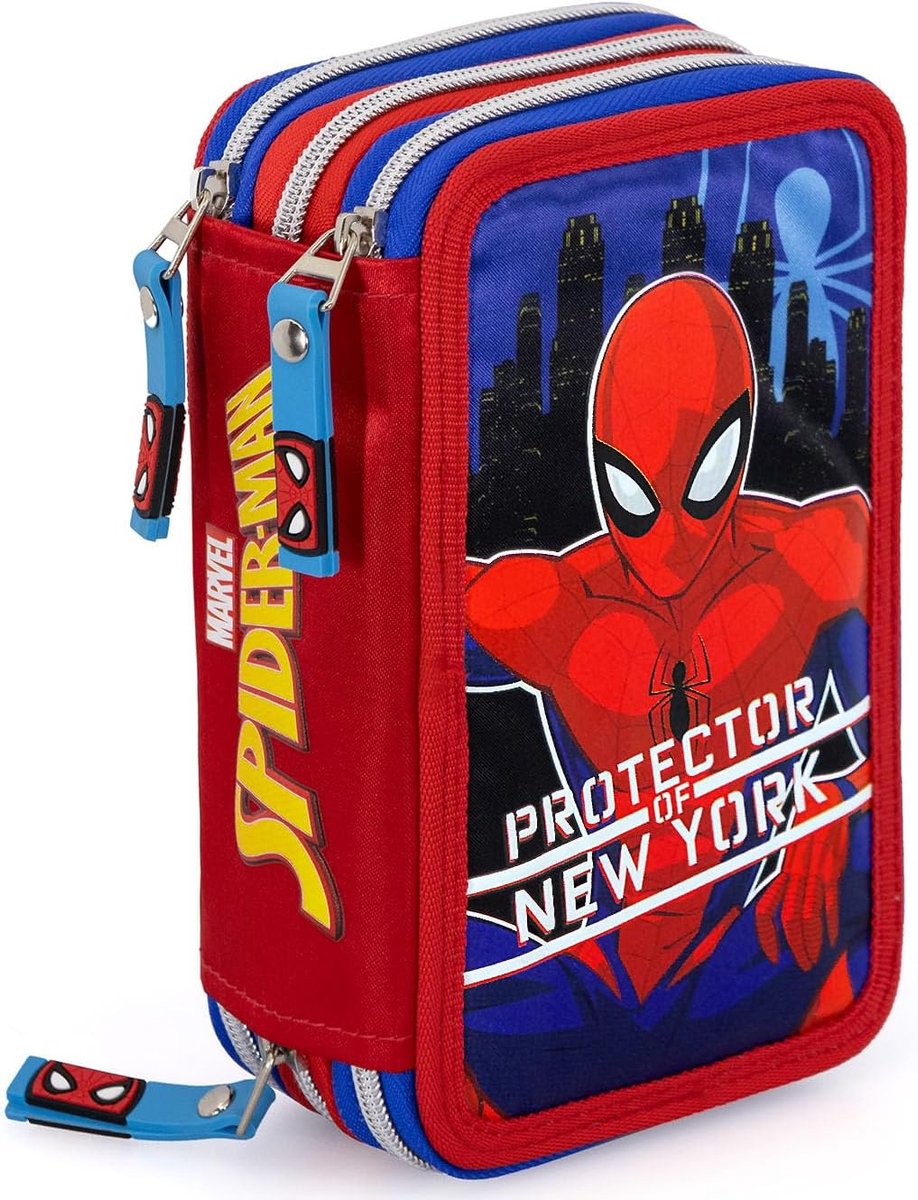 Thijox - Clondo Pennenetui met 3 vakken, gevuld met 44 schoolaccessoires, Spiderman design, 20 cm, 3 ritssluitingen, perfect voor kinderen