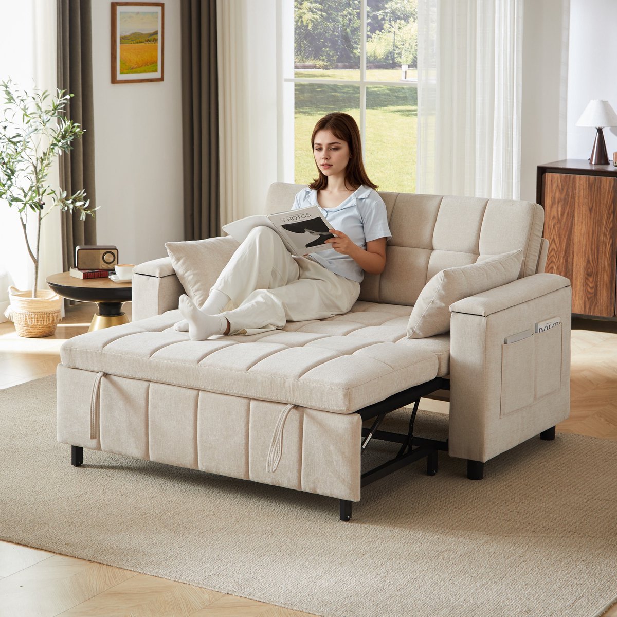 PHOEBE CAT Tweezitsbank - Slaapbank - Chenille - Opbergruimte in de armleuningen - Metalen frame - Beige