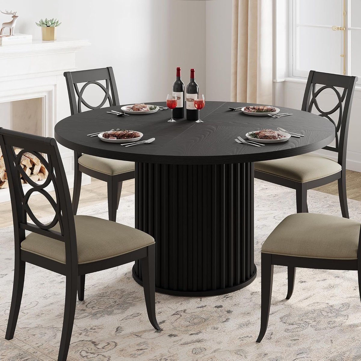 Ronde Industriële Eettafel voor 4 tot 6 Personen - Ø 120 cm - Eetkamertafel met Gegolfde Metalen Zuilvoet - Keukentafel - Zwart