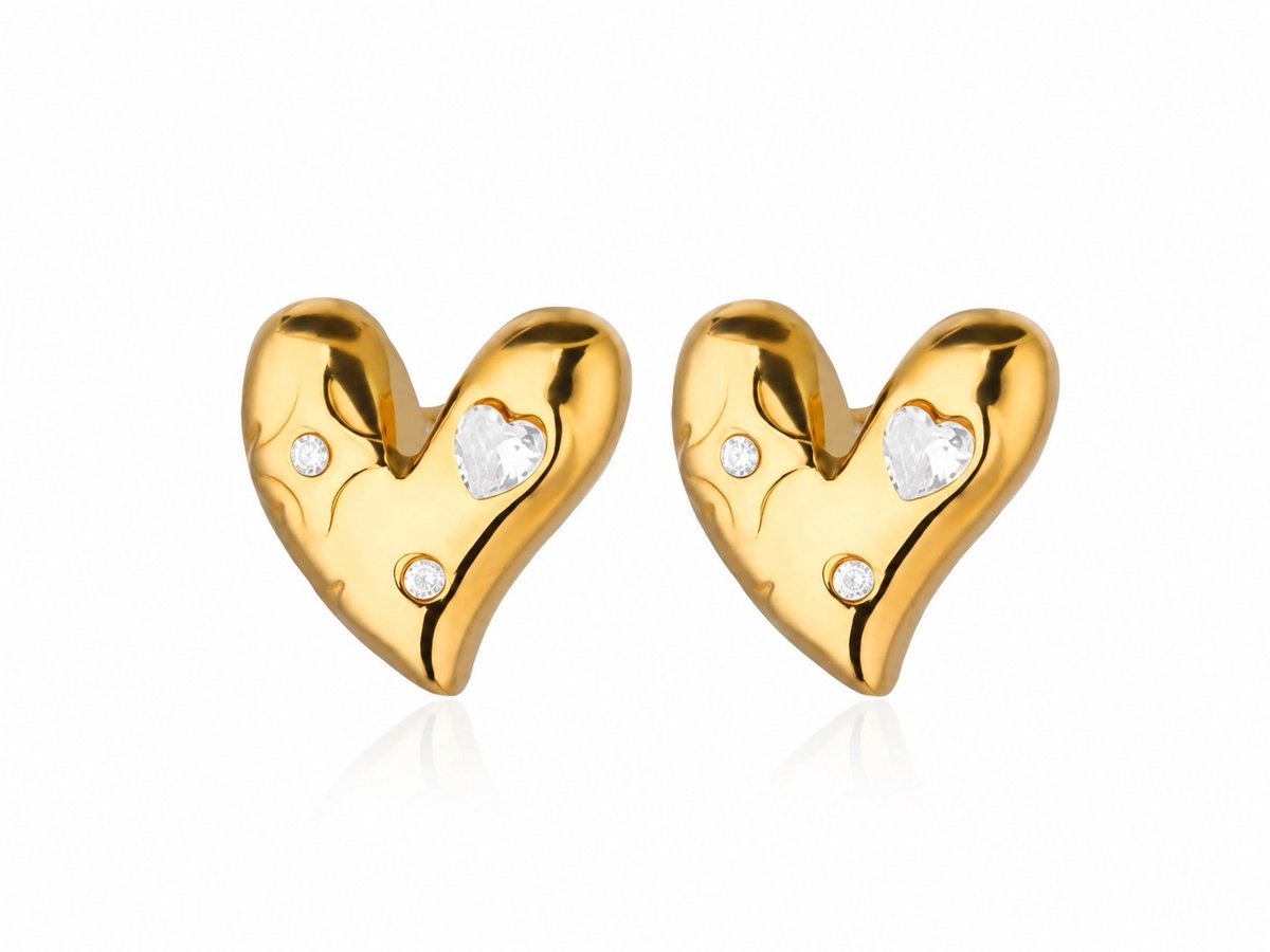 Oorbellen Hartje- Tiener oorbellen - Oorbellen Hart Goudkleurig- LiLaLove- Diamantjes Hartjes- Meisjes oorbellen Goudkleurig- Stainless Steel