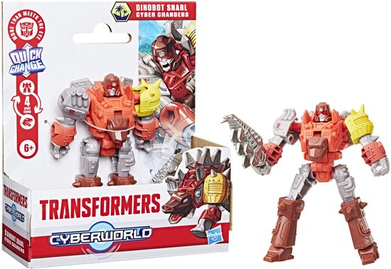 Dinobot Snarl Cyber Changers robot en speelgoed in verpakking naast elkaar.