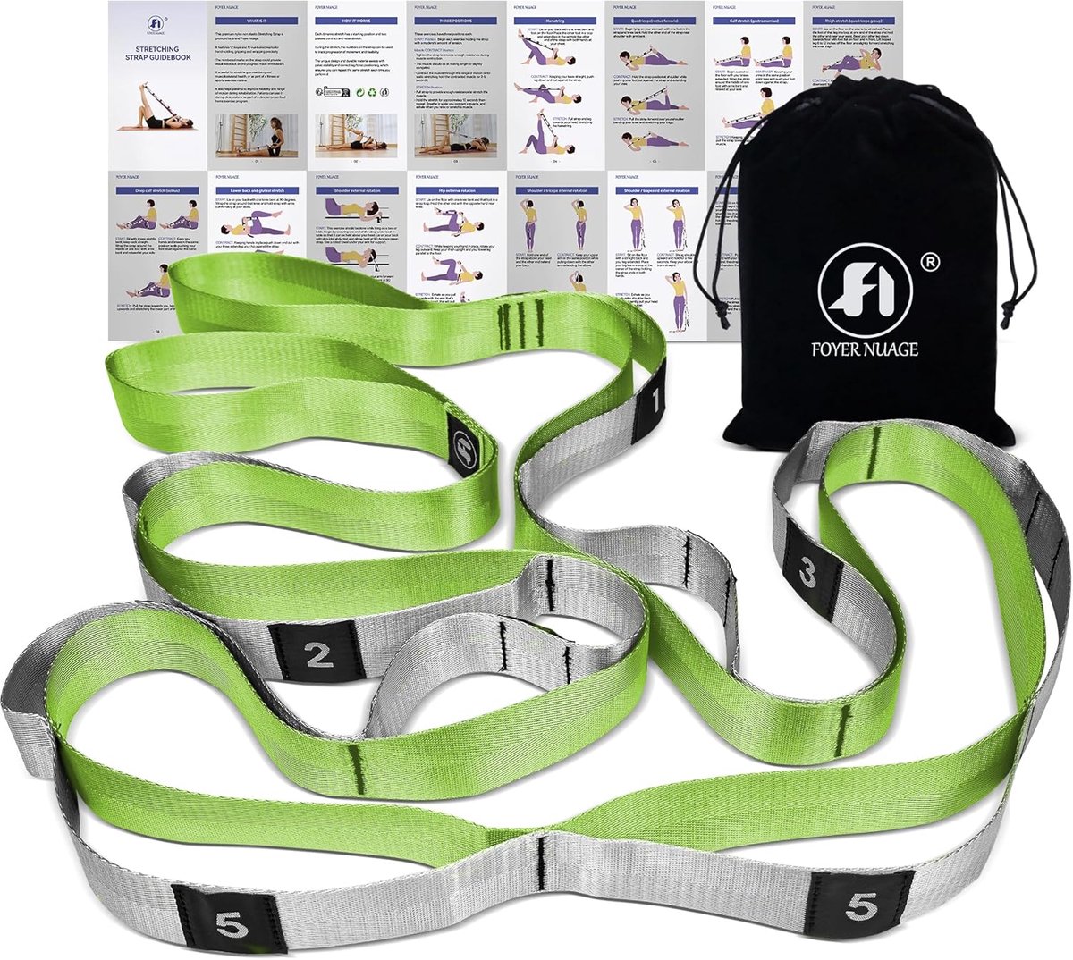 Stretchbanden voor Oefeningen, Niet-Elastische Yoga-Stretchband met Lussen, 3,8 cm x 2,45 m, Groene Fysiotherapie Stretchband voor Yoga, Pilates, Dans en Gymnastiek