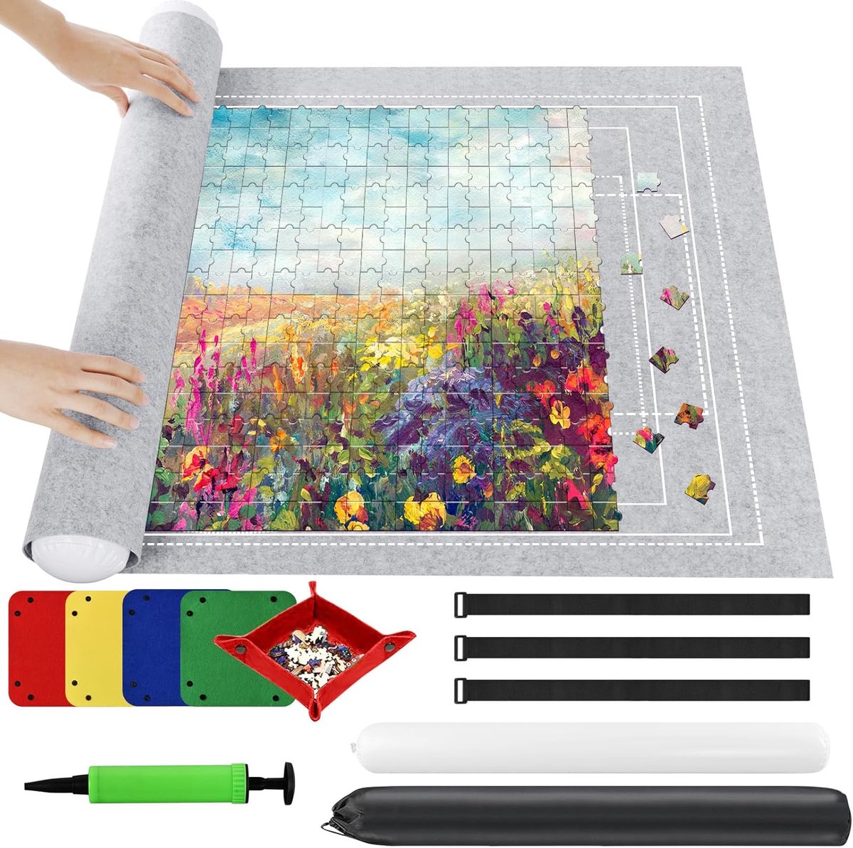 SnelShoppen - Puzzle Mat voor 2000 Stukjes - Opvouwbare Puzzle Roll Opslagmat met 4 Sorters - Zwarte Opbergmat voor Puzzelen Thuis, Camping, Feest