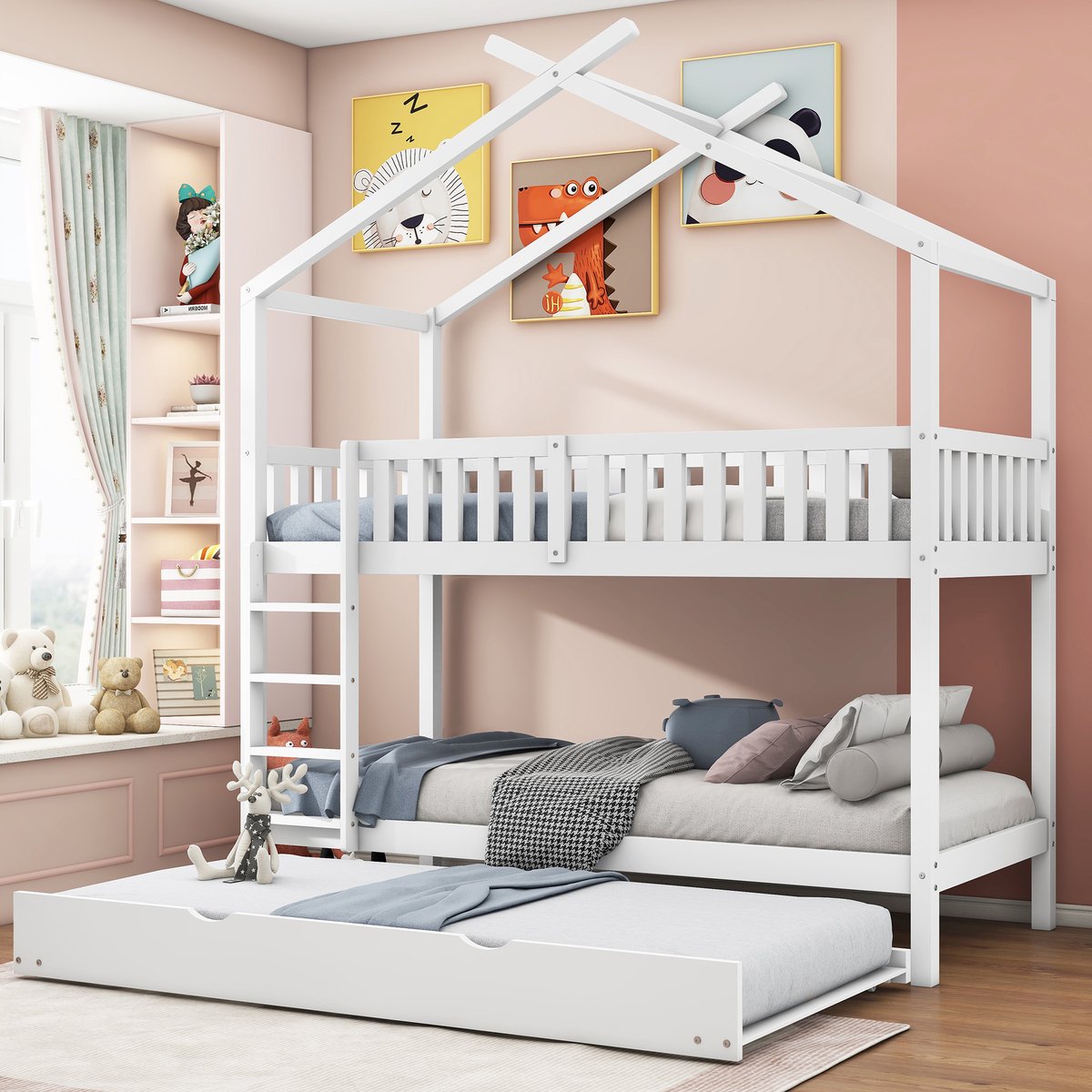 KOMHTOM - Huisbed - Kinderbed / jeugdbed - 90 x 200 cm - Drie uitschuifbare bedden - Wit