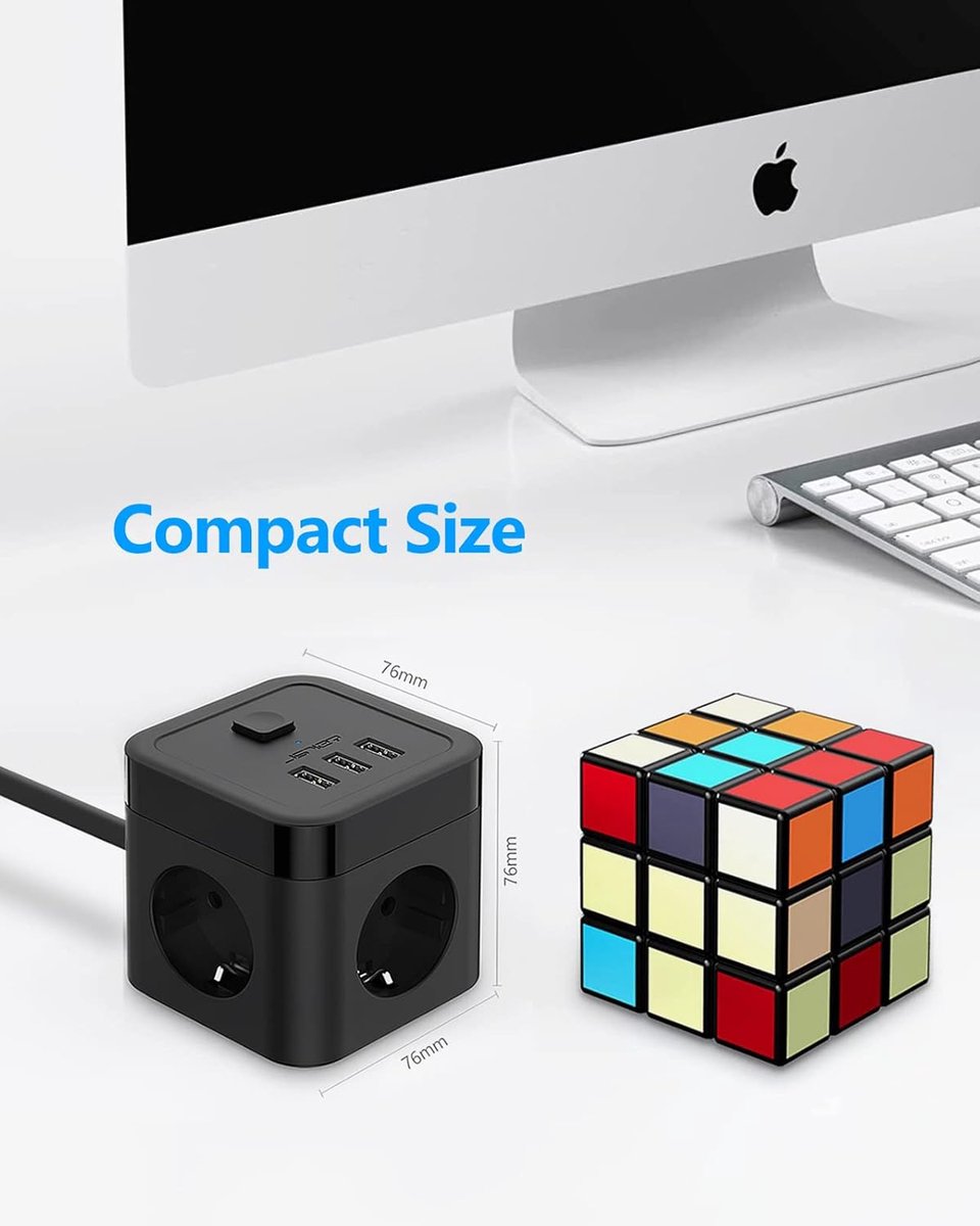 Thijox - Kubusstekkerdoos USB - Meervoudige Stekkerdoos 3 Stopcontacten met 3 USB Poorten - 3680W/16A - 3m Kabel - Zwart voor Thuis, Kantoor en Reis