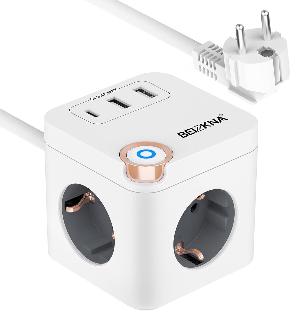 SnelShoppen - 6-in-1 Power Cube met Kabel, 3-Weg Meerdere Stopcontacten met USB C, 3680 W Stekkeradapter voor Thuis, Kantoor en Reizen