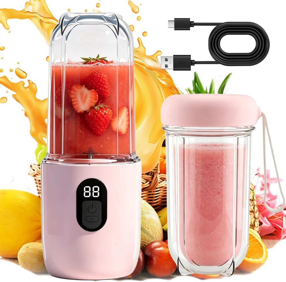 SnelShoppen - Portable Mixer 500ml Blender Smoothie Maker to Go, USB Oplaadbare Mini Stand Mixer met 16 Snijbladen voor Milkshakes, Juices en Smoothie