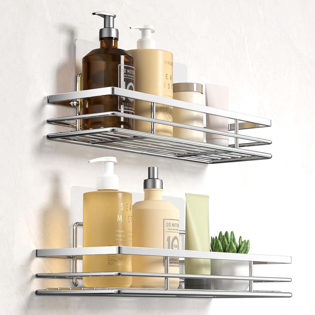 SnelShoppen - Doucheplank zonder boren, 2 stuks, badkamerorganizer met kleefvlakken, zilver, douchemand, shampoohouder, badkamerrek voor douche en keu