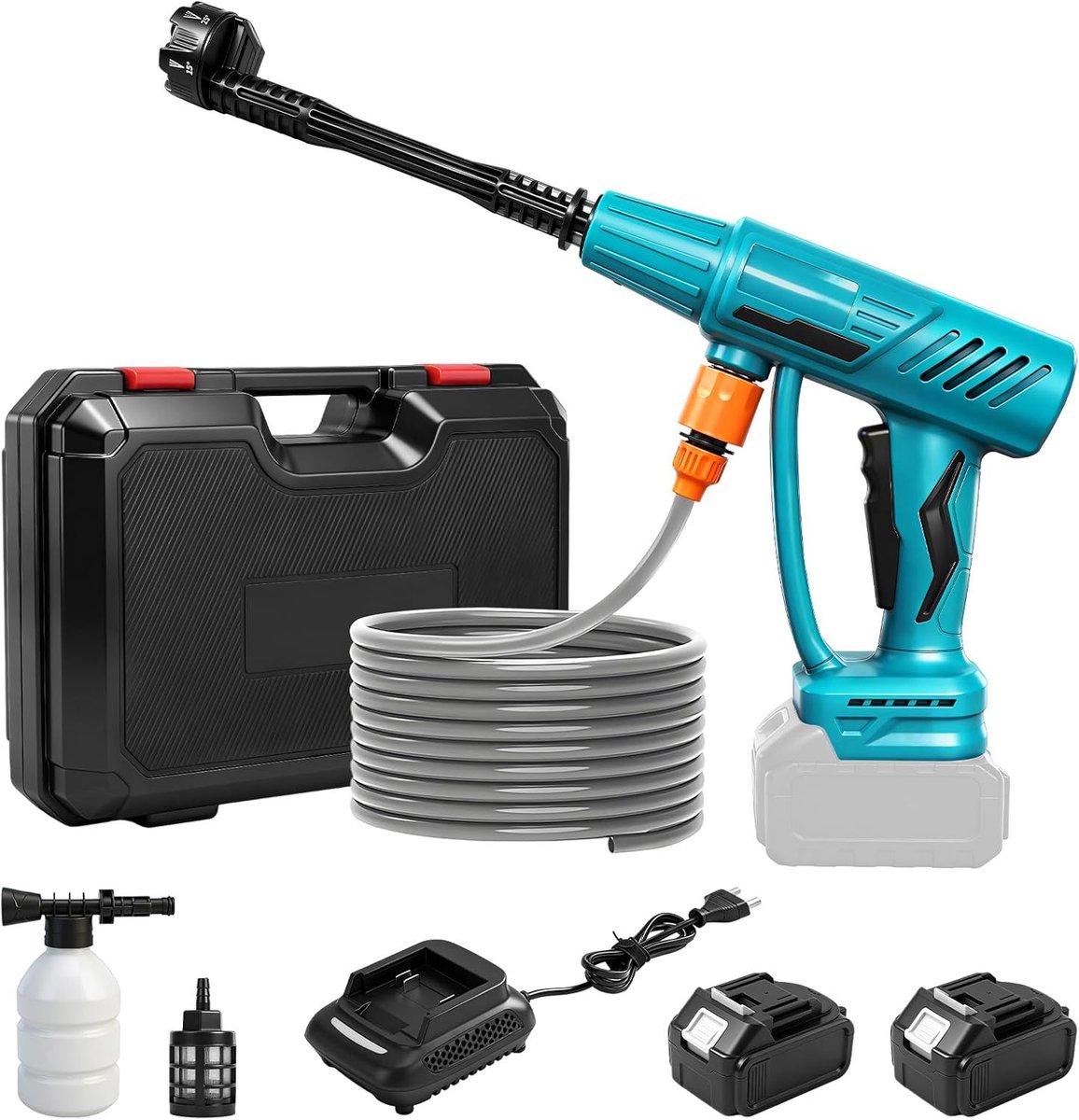 Thijox - Accu-hogedrukreiniger 700 psi met 2x 4,0 Ah Batterijen, Draagbare Handhogedrukreiniger met 6-in-1 Mondstuk, 5m Slang, Voor Auto, Tuin, Vloer