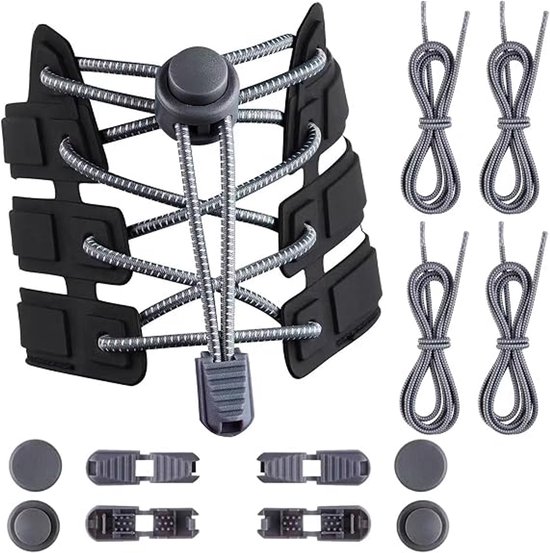 Set grijze, elastische veters met snelsluiting, extra onderdelen.
