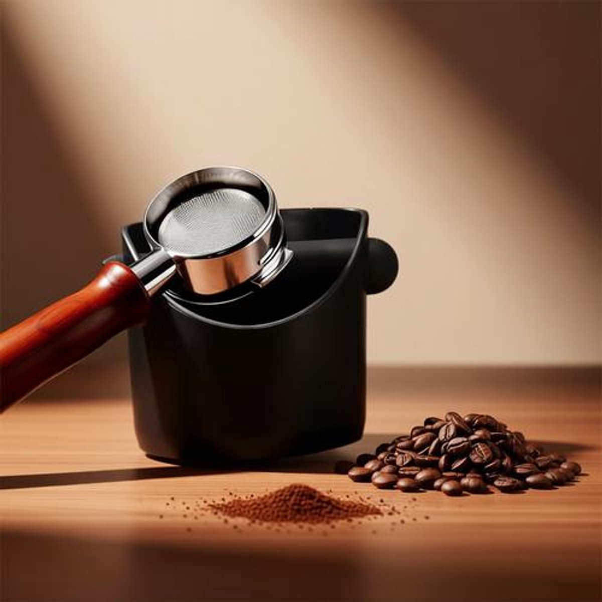 BILMU Koffie Afklopbak - Mini Espresso Afklopbak - Zwarte Koffiegronden Container met Schokabsorberende Verwijderbare Afklopstang en Antislip Basis - Barista Accessoires