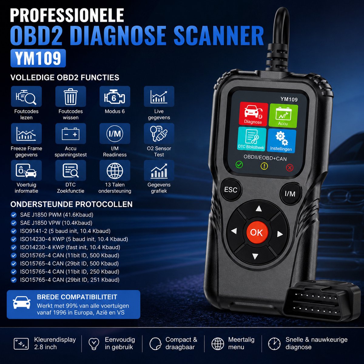 Professionele OBD2 Diagnose Scanner YM109 - Auto Uitleesapparaat met Accutest, Live Data, I/M Readiness, Code Lezen & Wissen, OBDII/EOBD CAN, 13 Talen