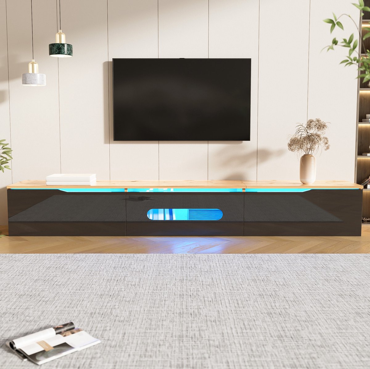 COVREO TV-meubel 180 x 35 x 30 cm - hoogglans, 16-kleuren LED, wandmontage, zwart en houtl