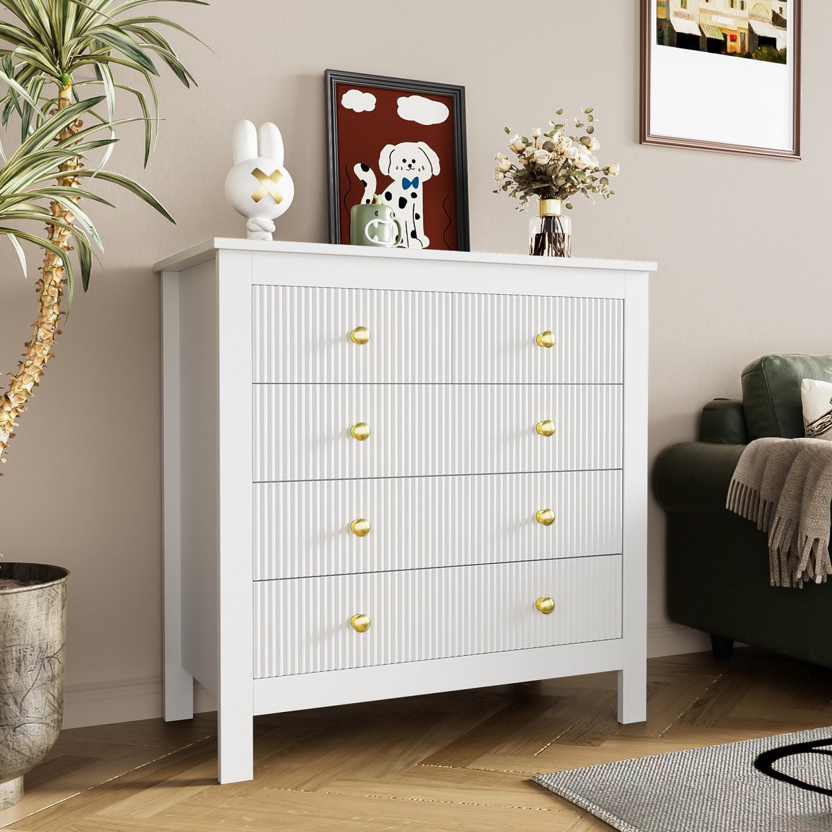 COVREO Ladekast 79 x 39,5 x 80,5 cm - 5 laden, wit, gouden handgrepen