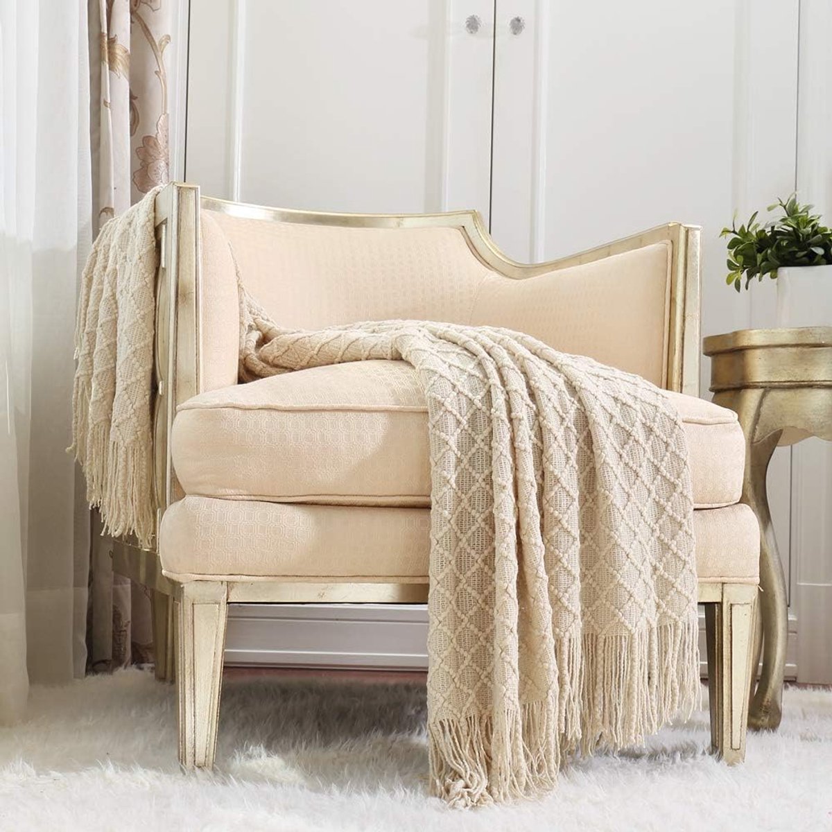 Deken - Dekentje voor op de bank - Sprei - Reisdeken - 127*180CM - 100%Polyestervezel - kwast - beige