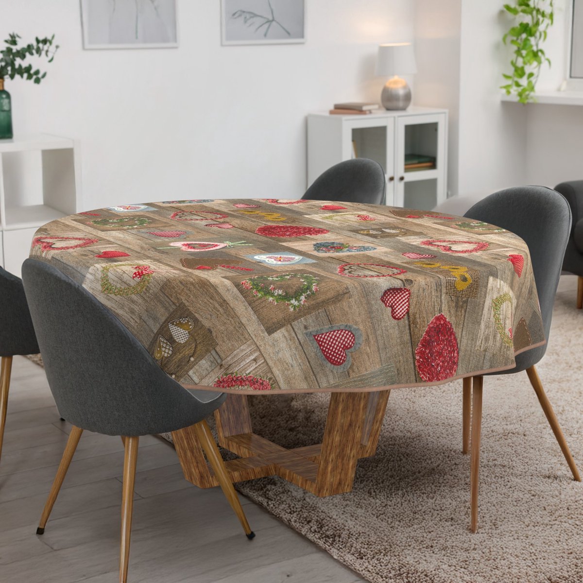 ANRO Tafelkleed Harten Bruin Rond Ø120cm Met sierband Afwasbaar Waterafstotend Binnen & Buiten