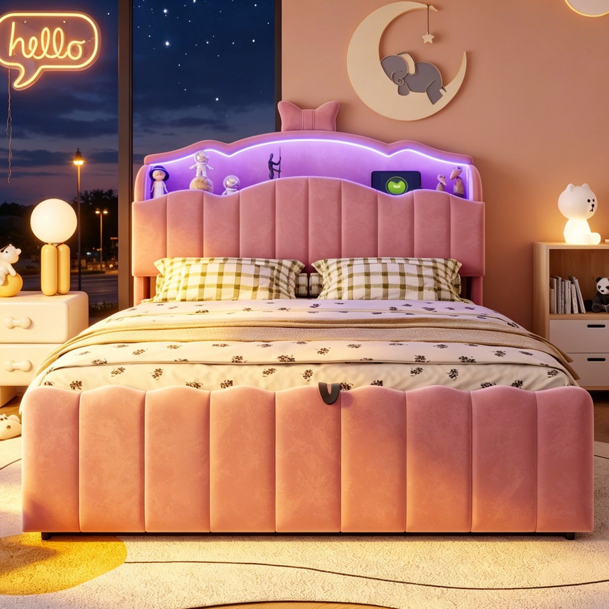 OKWISH Kinderbed 140x200 cm - Met LED Hoofdbord En USB Oplaadpunten - Hydraulische Opbergruimte - Zonder Matras - Fluwelen Stof - Roze