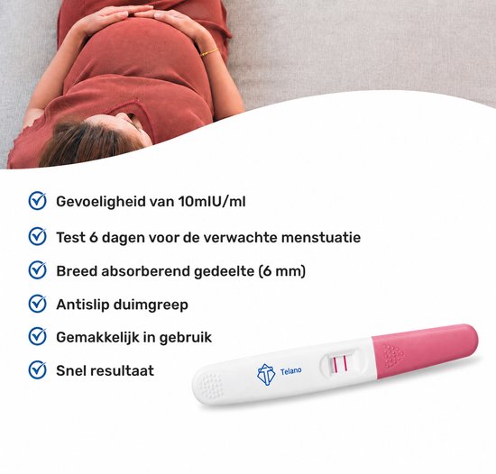 Zwangere vrouw liggend, met naast zich een zwangerschapstest met twee roze streepjes.