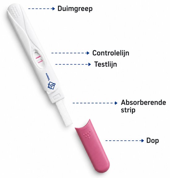 Uitleg onderdelen zwangerschapstest: Duimgreep, Controlelijn, Testlijn, absorberende strip en dop.