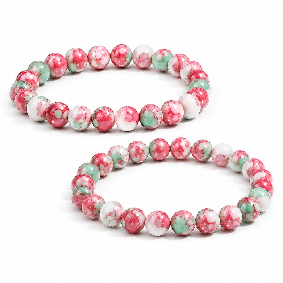 Luxamore® Kralenarmbanden Unisex – Armbandenset Boho Sieraden – 2-Delig Roze/Groen/Wit – Kralen Armbandjes Dames en Heren – Cadeau voor Vrouwen en Mannen