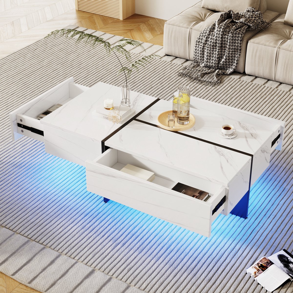 COVREO Salontafel 100 x 50 x 34,5 cm - hoogglans, 3 lades, LED via app, wit en zwart