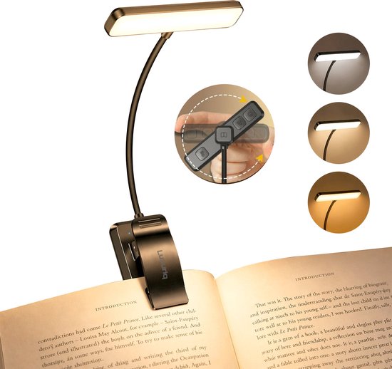 Zwart Luxuriq boeklampje met flexibele hals, 24 LED's en 3 dimbare standen, bevestigd op een boek.