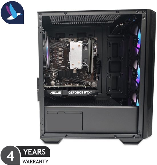 Open zwarte pc-kast met zichtbare componenten, waaronder ASUS GeForce RTX. 4 jaar garantie.