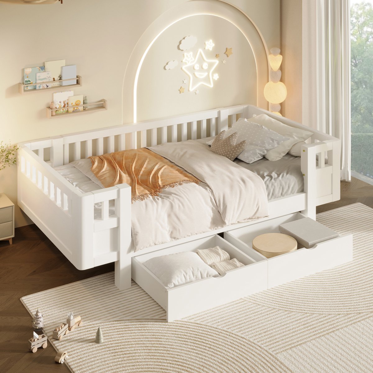 OKWISH Kinderbed 90x200 cm - Hoog Veiligheidshek - Platformbed Met 2 Lades - Zonder Matras - Voor Kinderkamer - Hout En MDF - Wit
