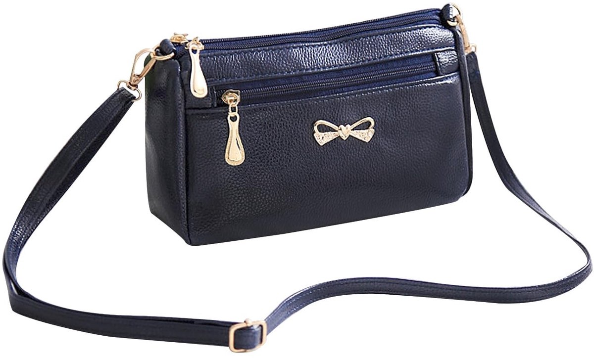 Dailygoods- Dameshandtas Klein - Leren Schoudertas - Compacte Crossbodytas - Veiligheidsvak - Donkerblauw - 24 x 14 x 7 cm