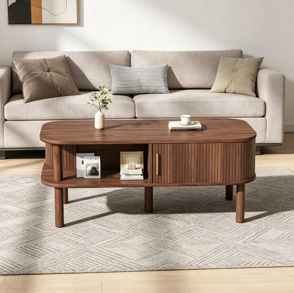 OKWISH Salontafel – Met Schuifdeur En Dubbele Opbergruimte – Voor Woonkamer – Scandinavische Stijl – MDF Walnootkleur – 110x55x45 cm