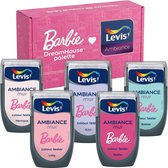 Levis Barbie DreamHouse Palette verf testers: Meringue, Lolly, Icon, Malibu en Breeze.