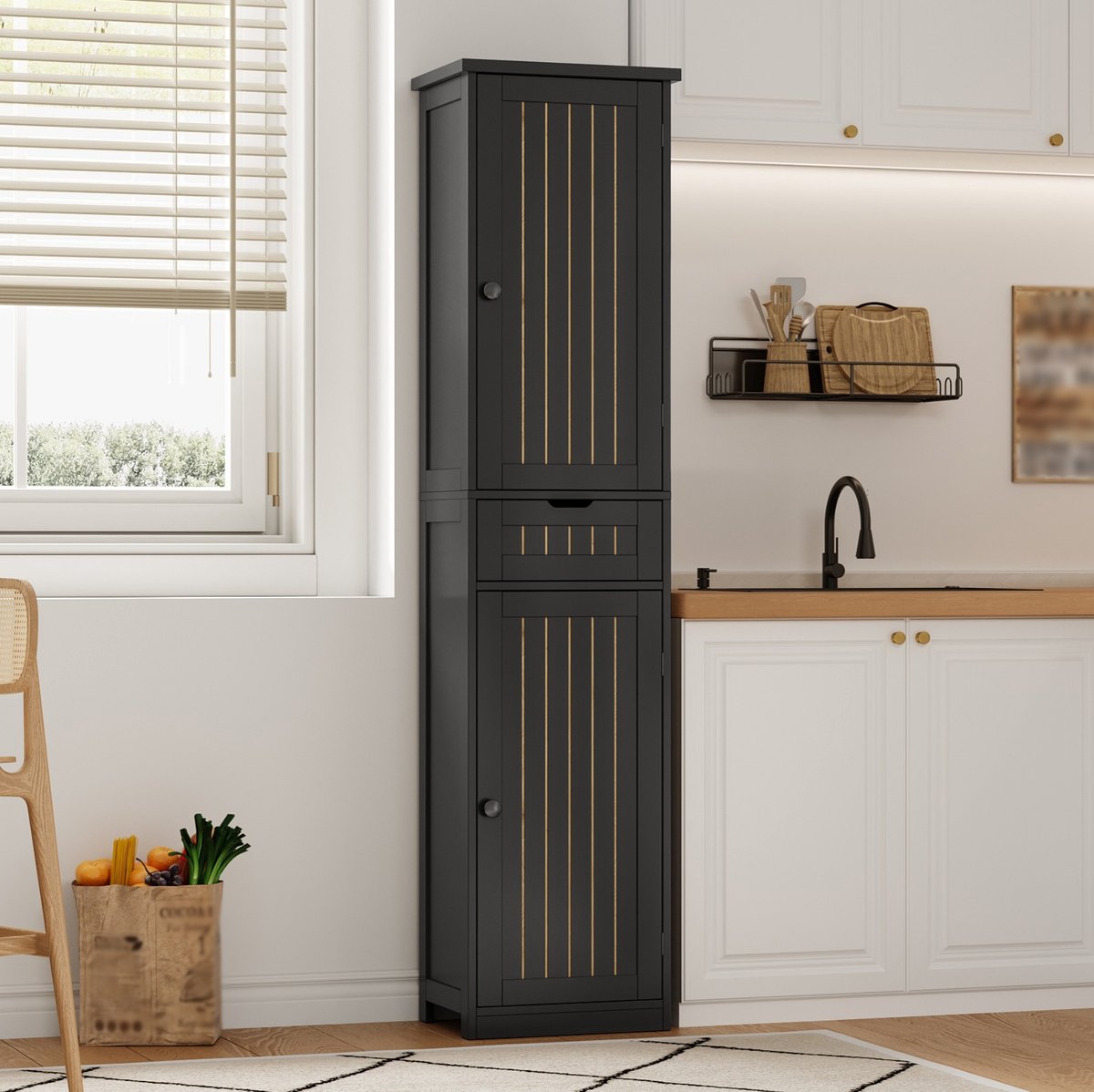 OKWISH Keukenkast – Hoogkast 170x40x30 cm – 2 Deuren en 1 Lade – Verstelbare Legplanken voor Flexibele Opbergruimte – MDF Zwart
