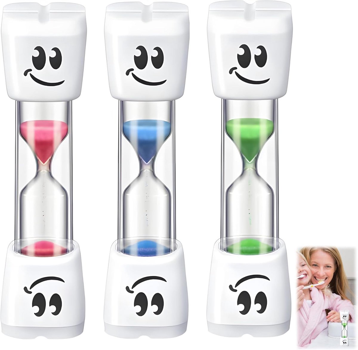 Thijox - Set van 3 Veelkleurige Glimlachende Zandlopers voor Kinderen, Acryl Timer, 2 Minuten, Blauw, Roze en Groen, Draagbaar en Stil voor Hygiënisch