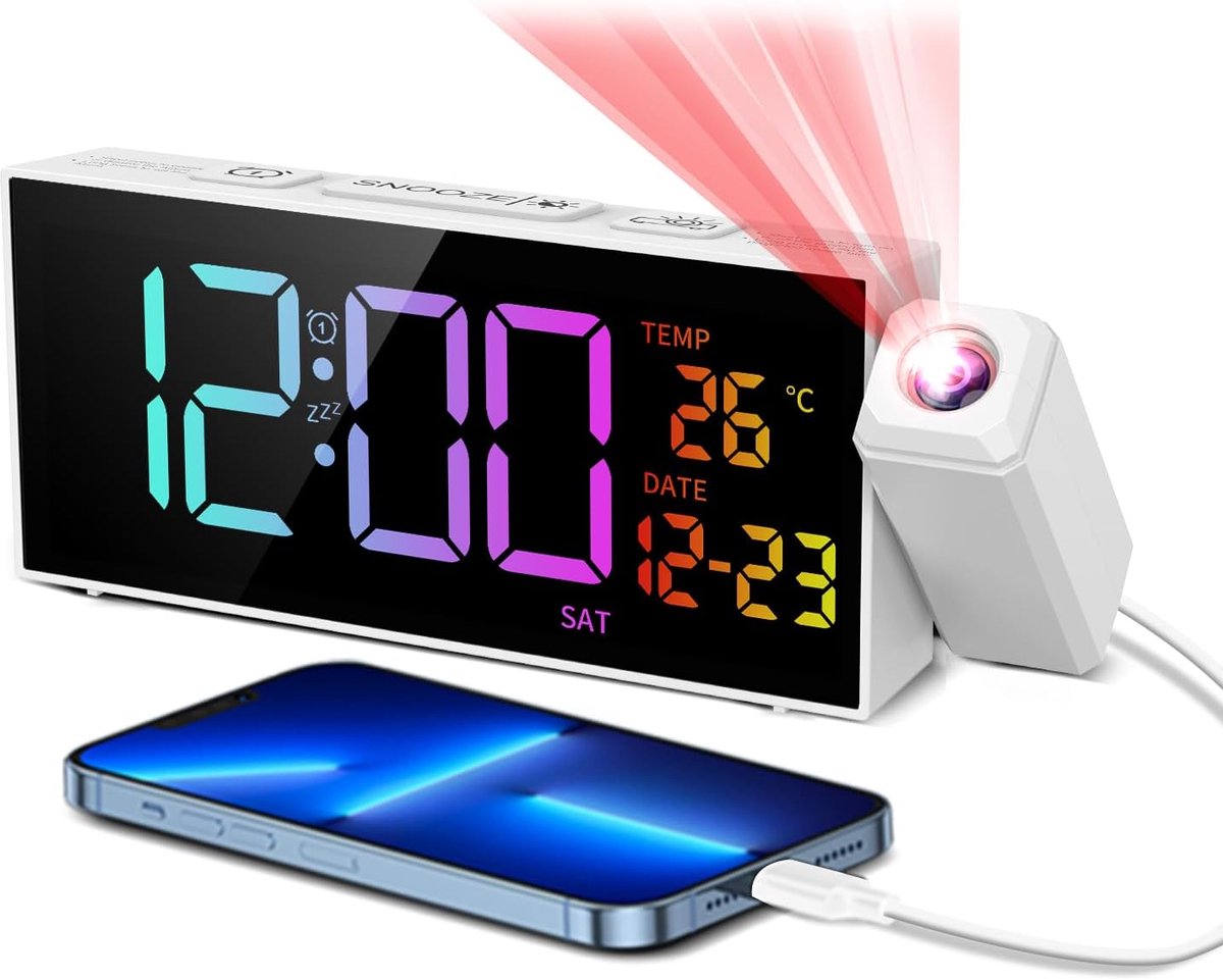 Thijox - Digitale Wekker met Projectie, 350° Projector, Thermometer, RGB-Display, 10 Beltonen, Snooze, 4 Helderheidsniveaus, Luide Wekker voor Slaapka