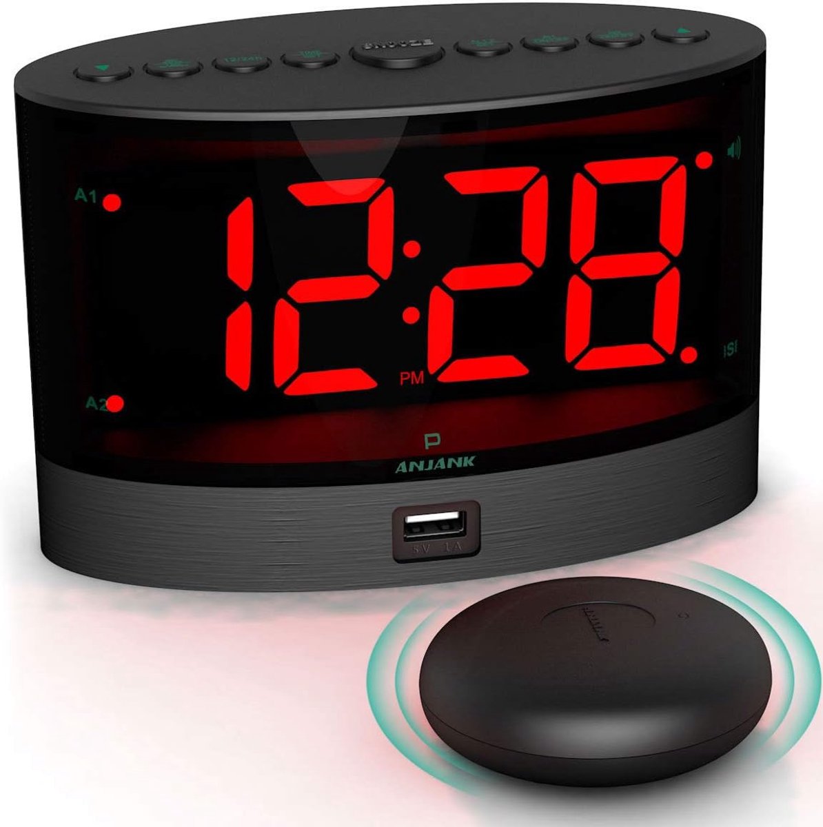 Thijox - Zeer Luide Wekker met Kabelloze Trillingen - Trilwekker voor Gehoorlozen, Diepslaapers, Dubbel Alarm, Grote Digitale LED-Weergave, Batterij B